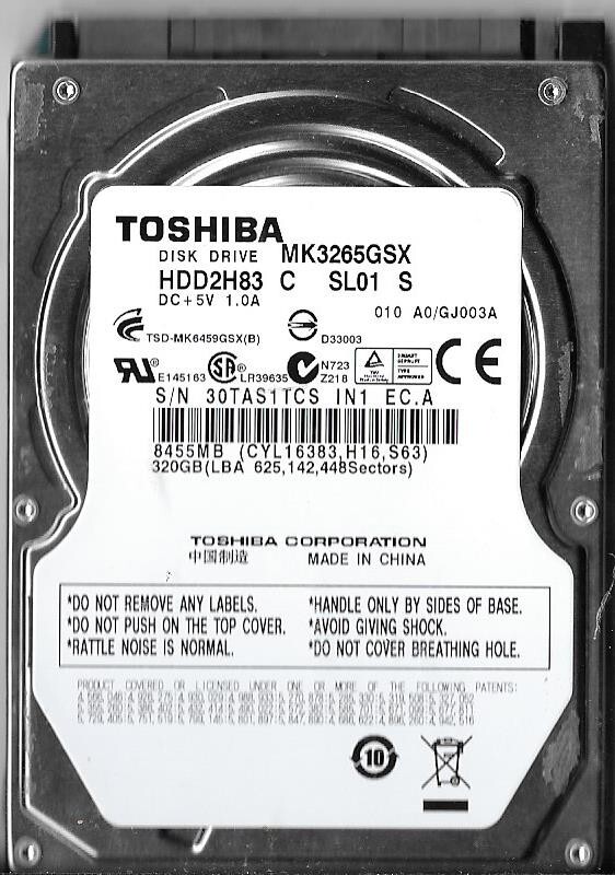Toshiba MK3265GSX HDD2H83 C SL01 S 320GB Sata Hard Drive