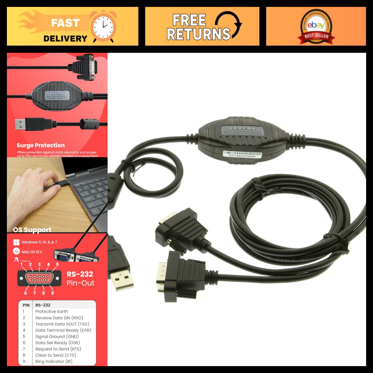 2-Port USB to RS-232 Serial Adapter Cable, FTDI Chip, 5ft, ESD Protection, Multi