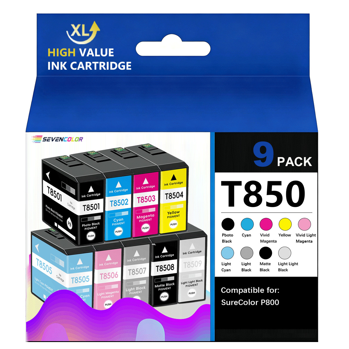 9-Pack T850 High Yield Ink Cartridge Compatible for Espon SureColor P800 Printer