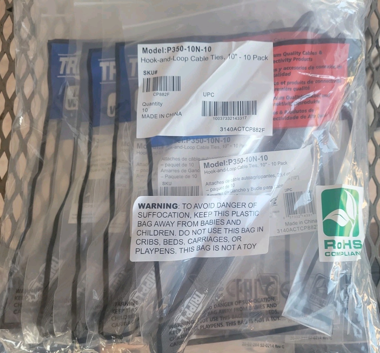 100 Tripp Lite P350-10N-10 Hook-and-Loop Cable Ties, 10" L x 5/8" W - 10-Pack