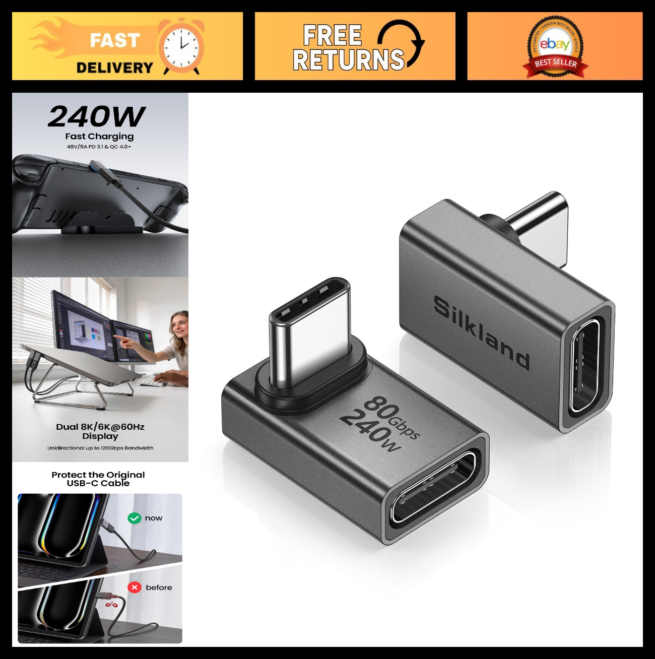 80Gbps USB C Right Angle Adapter 2 Pack, 16K/Dual 8K, 240W Male to Female Extend