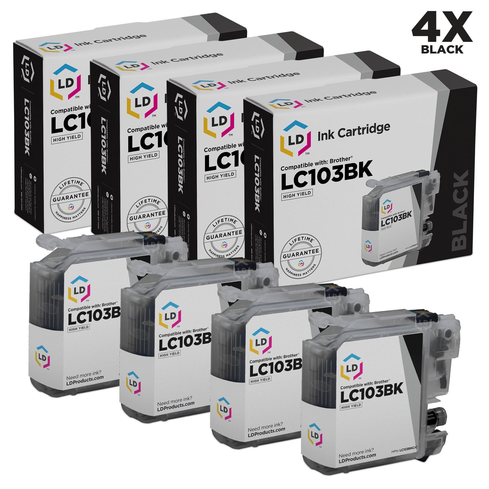 LD Set of 4 LC103 Black Ink for Brother LC103BK MFC-J470DW MFC-J475DW MFC-J650