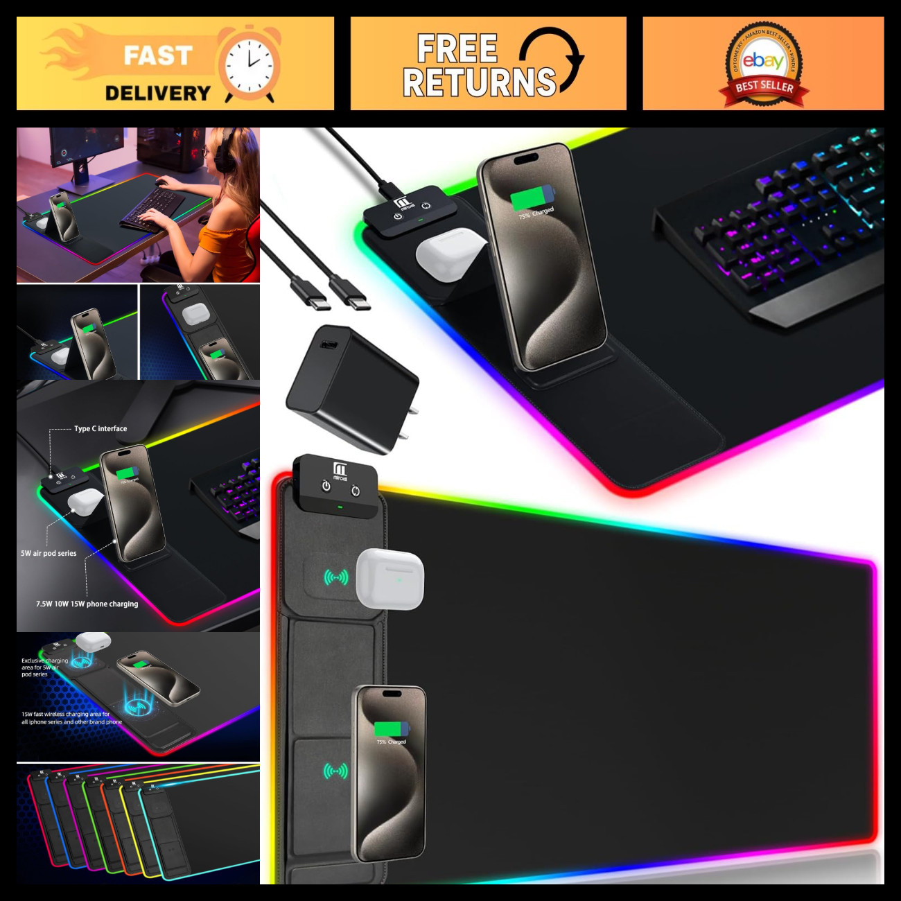 XXL RGB Gaming Mouse Pad with Phone Holder & Fast Charging - Waterproof Non-Slip