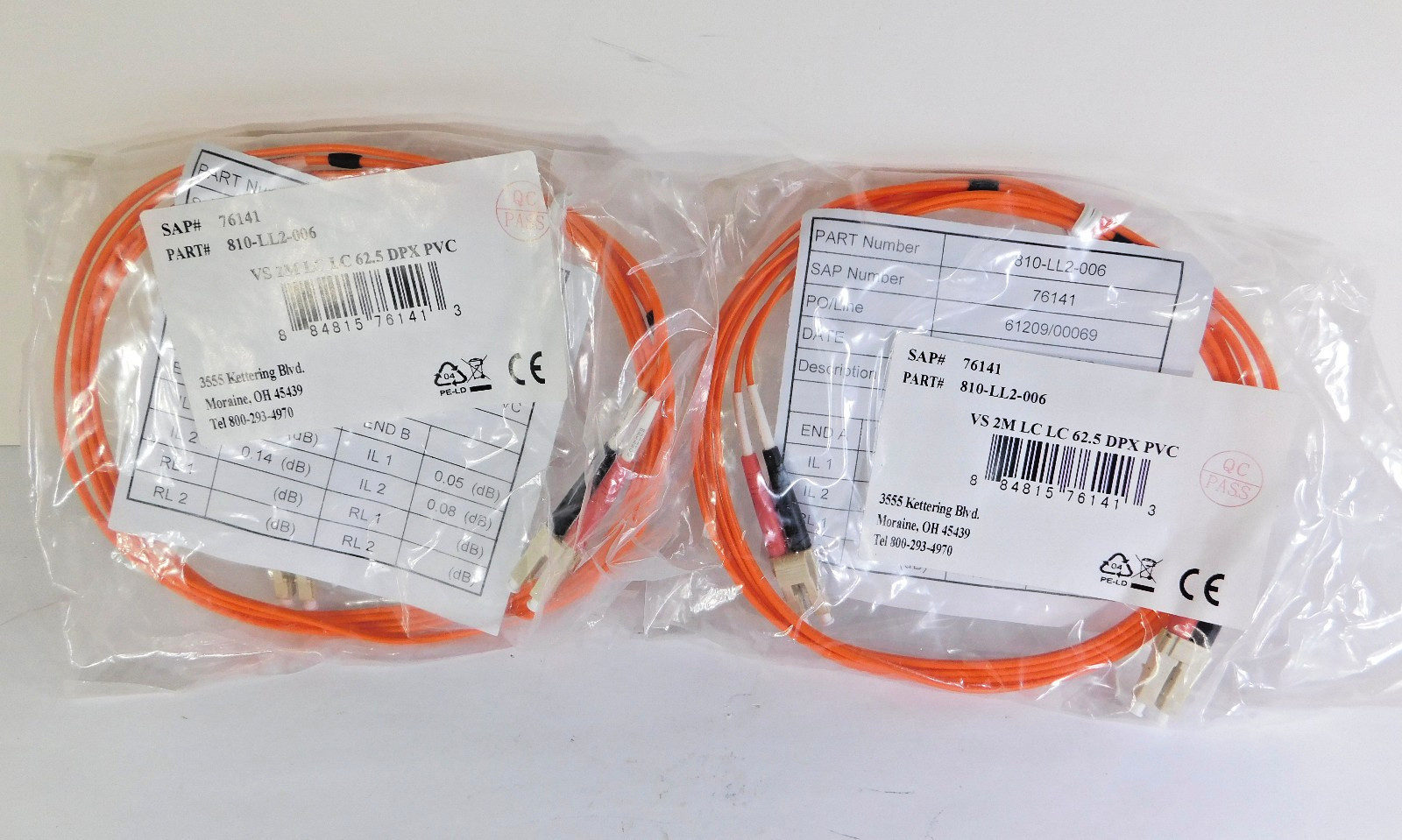 2 each Quiktron 810-LL2-006 VS 2M LC LC 62.5 DPX PVC Orange Fiber Optic Cables
