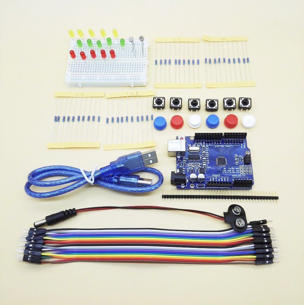 ATmega328P Starter Kit w/ LEDs Switches Resistors Cables Jumpers & Breadboard