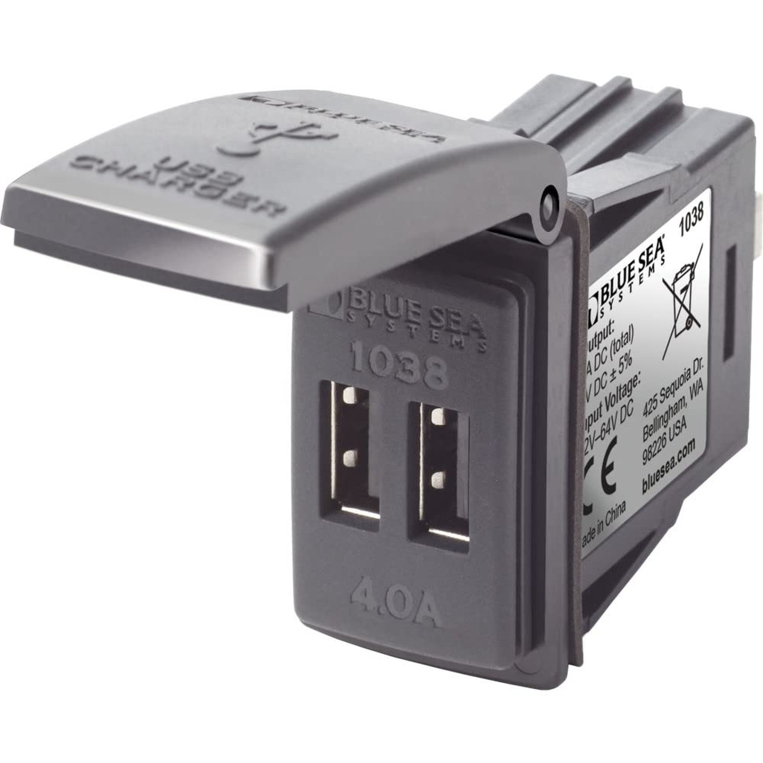 Blue Sea Systems 1038 48V 4A Contura Switch Mount Dual USB Charger, Grey