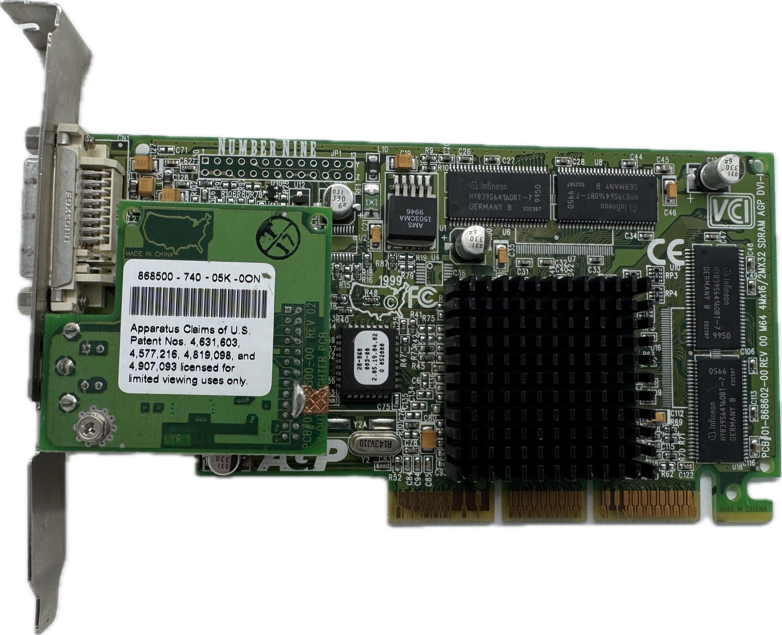 Ibm number nine agp 32mb dvi video card, 09n1708, 01-868602-00