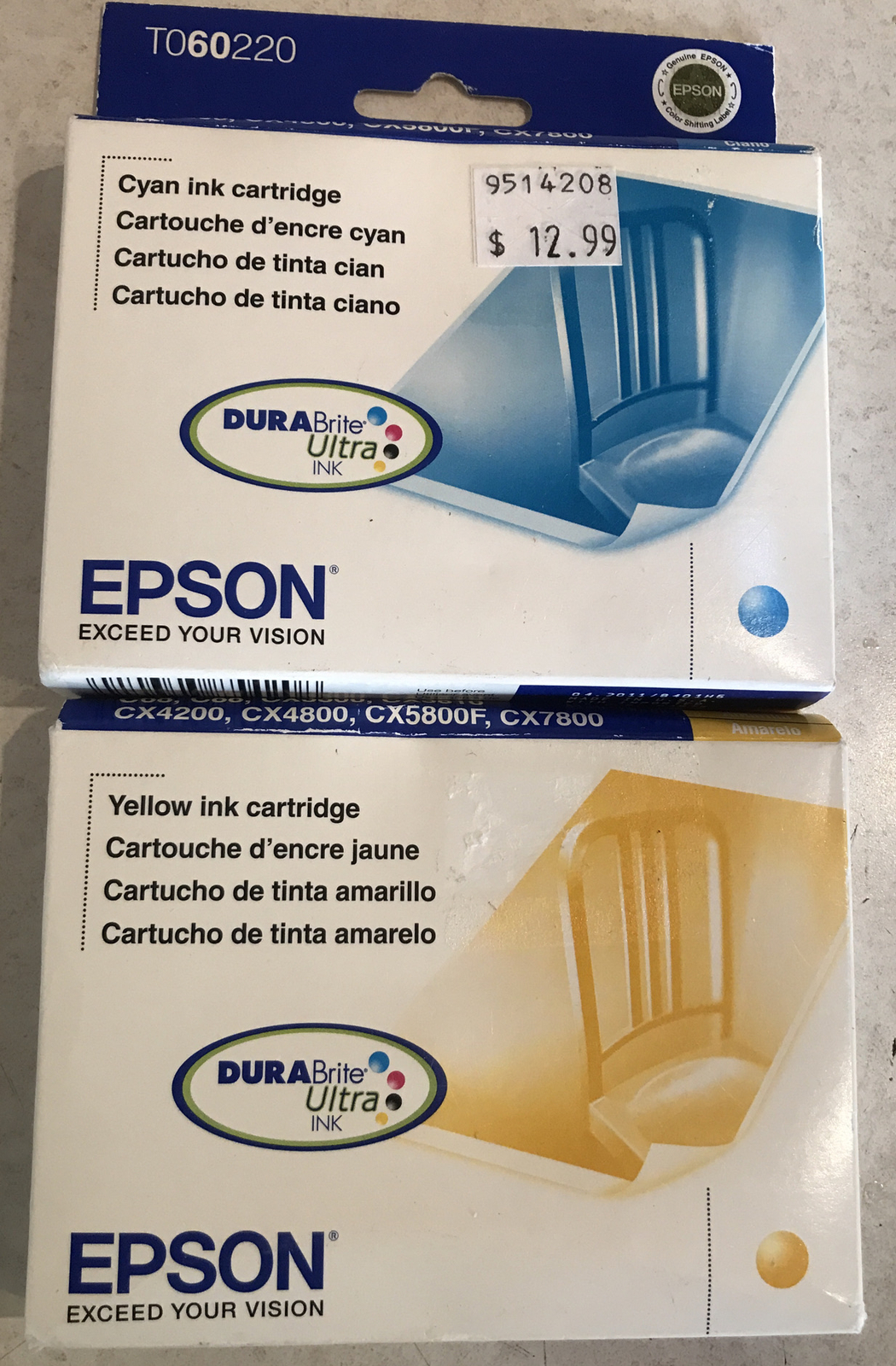 Genuine Epson 60 Cyan T060220 & Yellow T060420 SEALED NOS OEM Exp 2010 & 2011