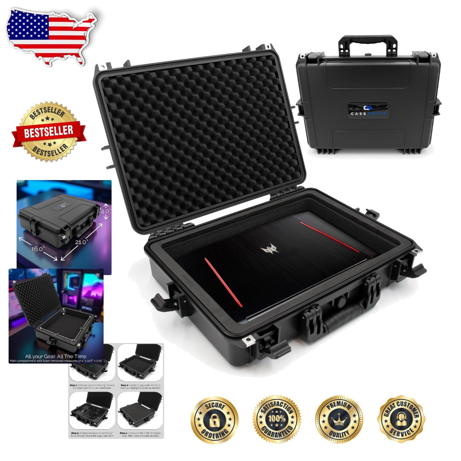 Rugged Waterproof Laptop Case 17" Heavy Duty Shockproof Foam for Gaming Laptops