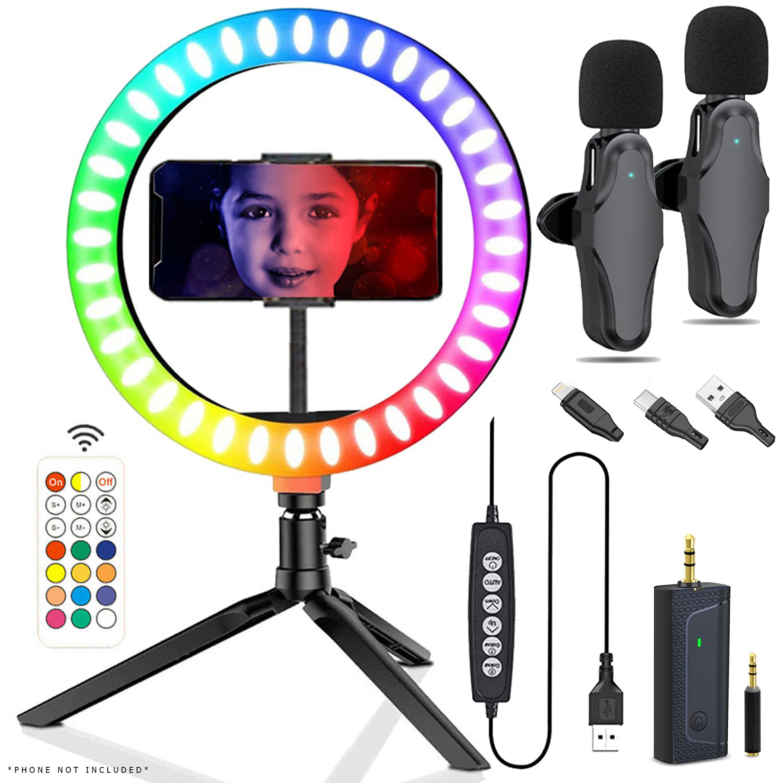 Vivitar10" RGB LED Ring Light and Dual Wireless Lavelier Mic YouTuber's Best Kit