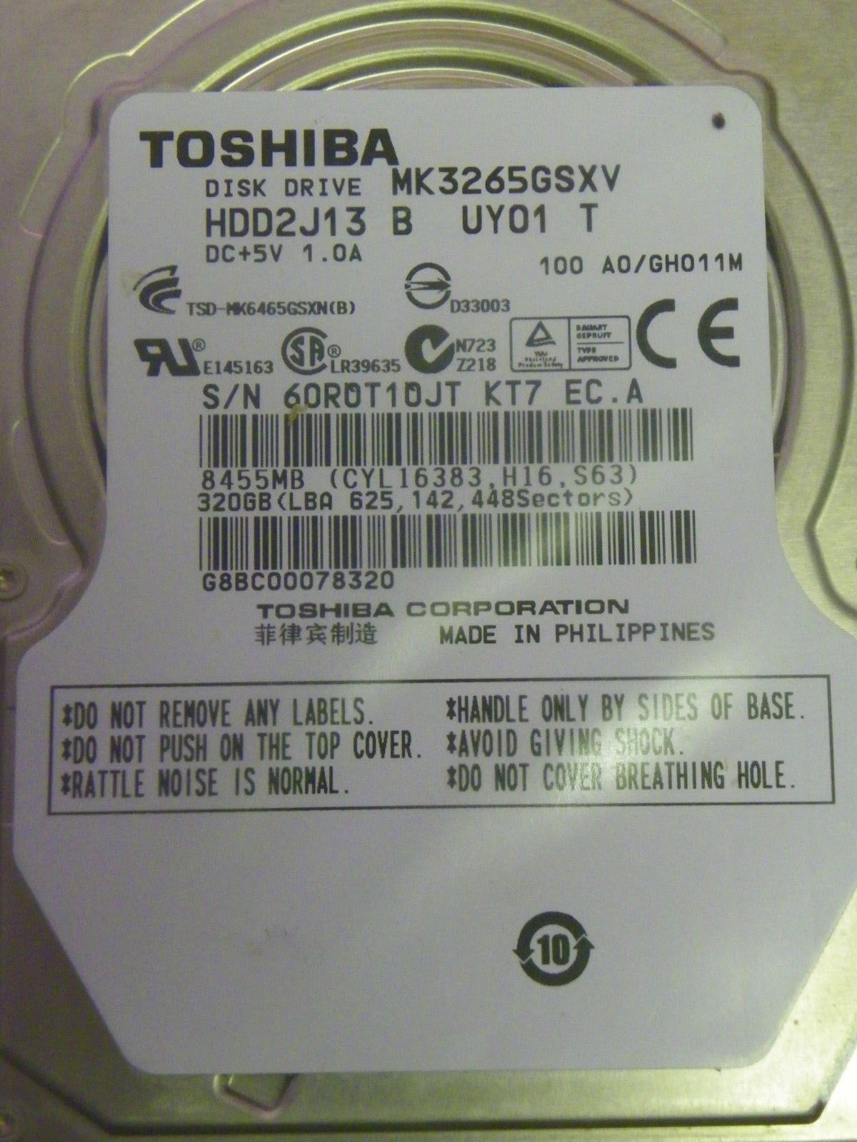 Toshiba MK3265GSXV (HDD2J13 B UY01 T) 100 A0/GH011M Laptop 320GB 2.5" SATA HDD