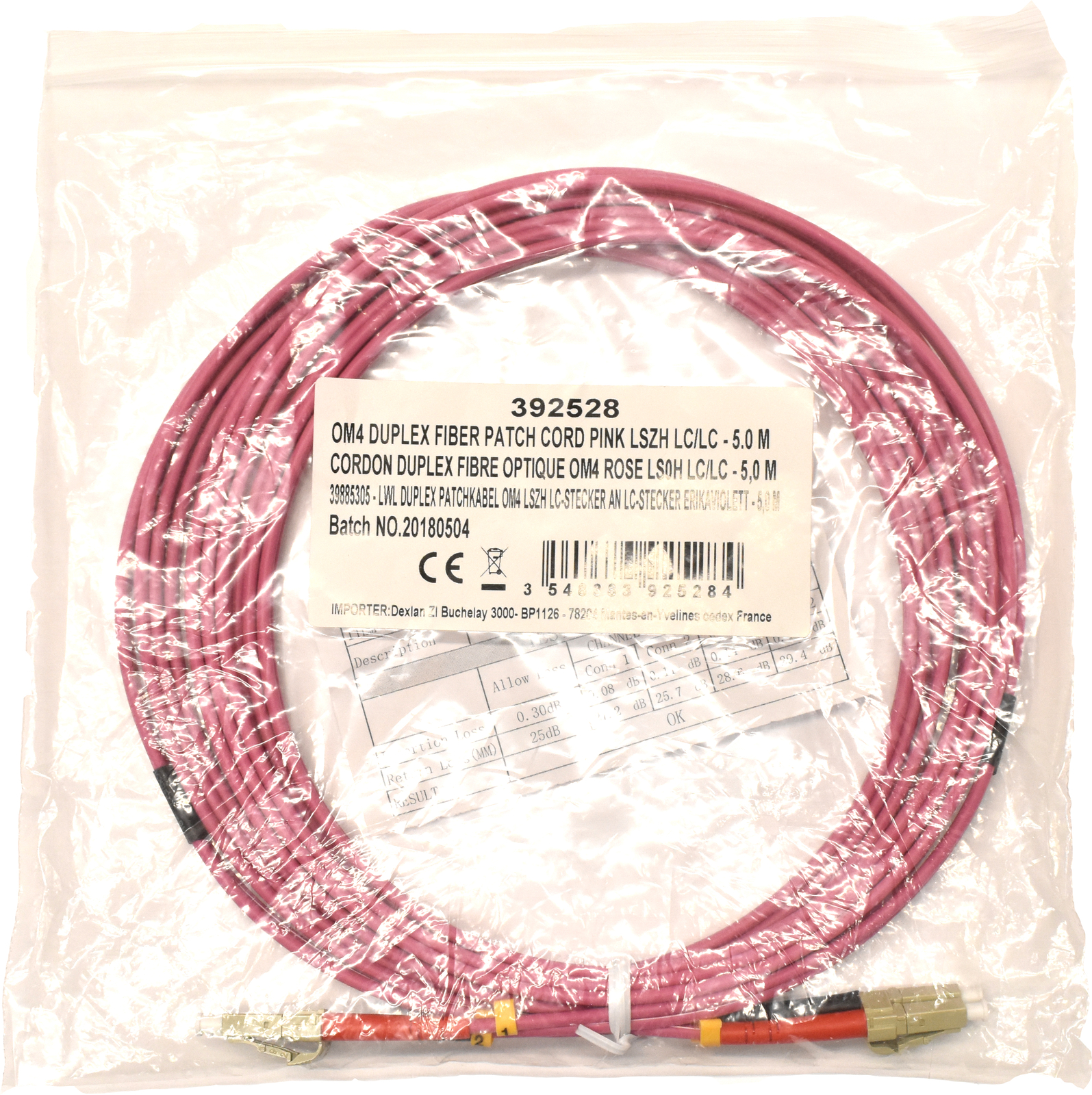 2 x Corning OM4 Duplex FIBER Patch Cord Pink LSZH LC/LC-5m NEW