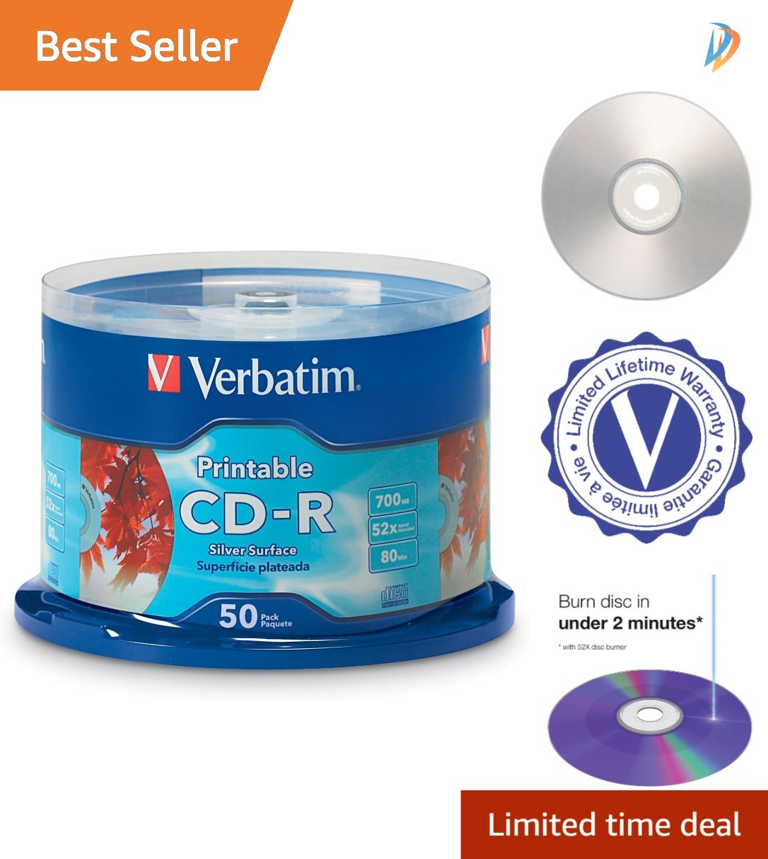 CD-R Blank Discs 50pk: High-Quality Silver Inkjet Printable 700MB 80min Capacity