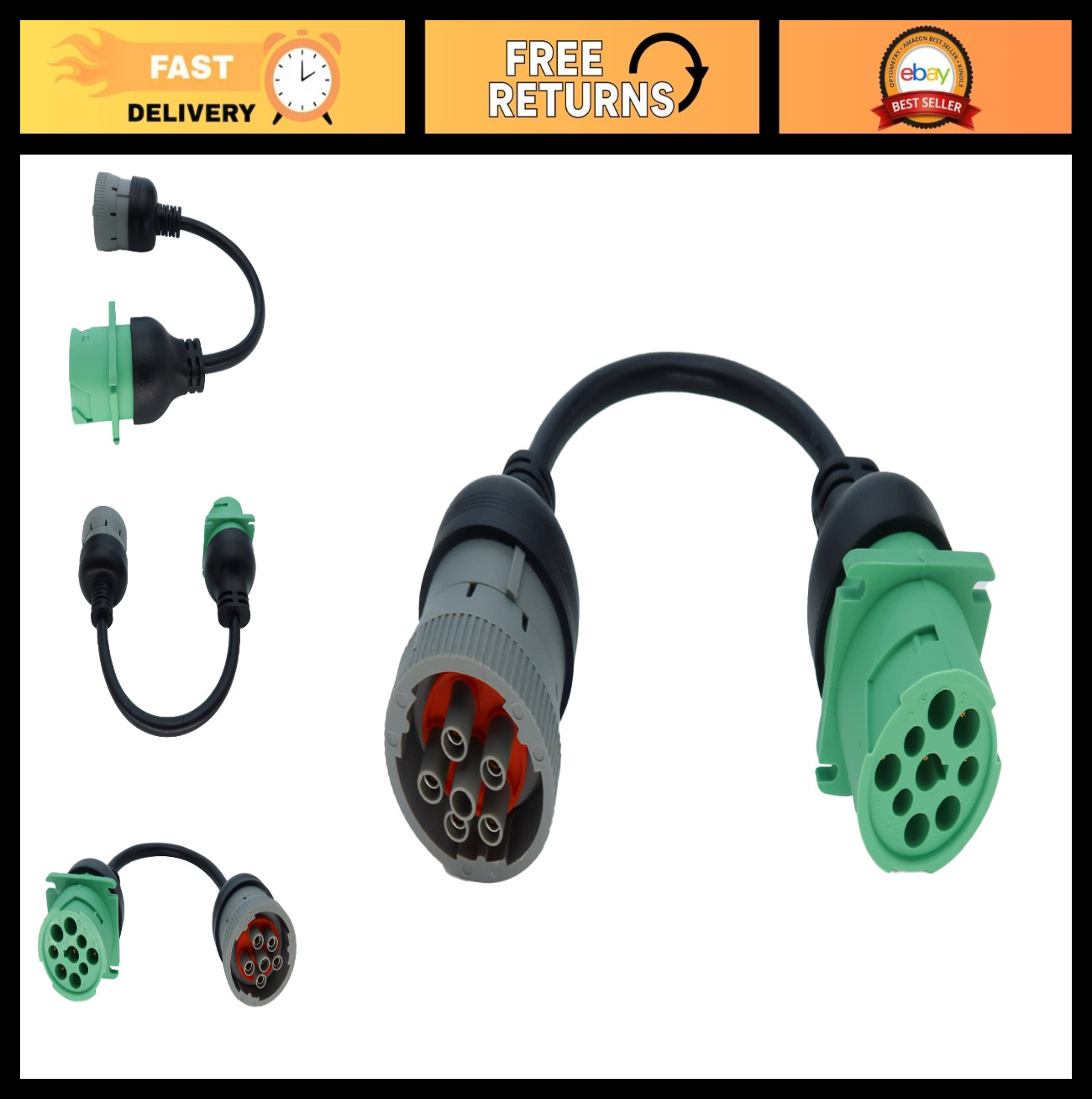6pin J1708 to Type2 Green 9pin J1939 Adapter Cable for Trucks & Cars, 1ft/30cm