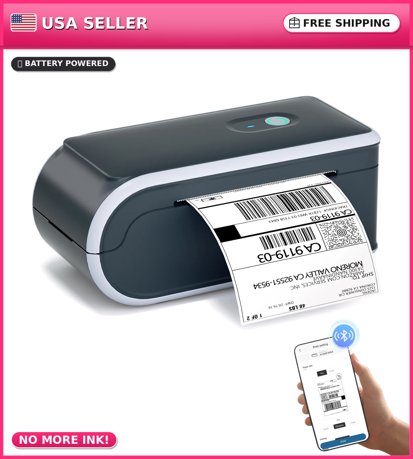 JADENS 568P Bluetooth Thermal Label Printer Battery Powered 4x6 Shipping