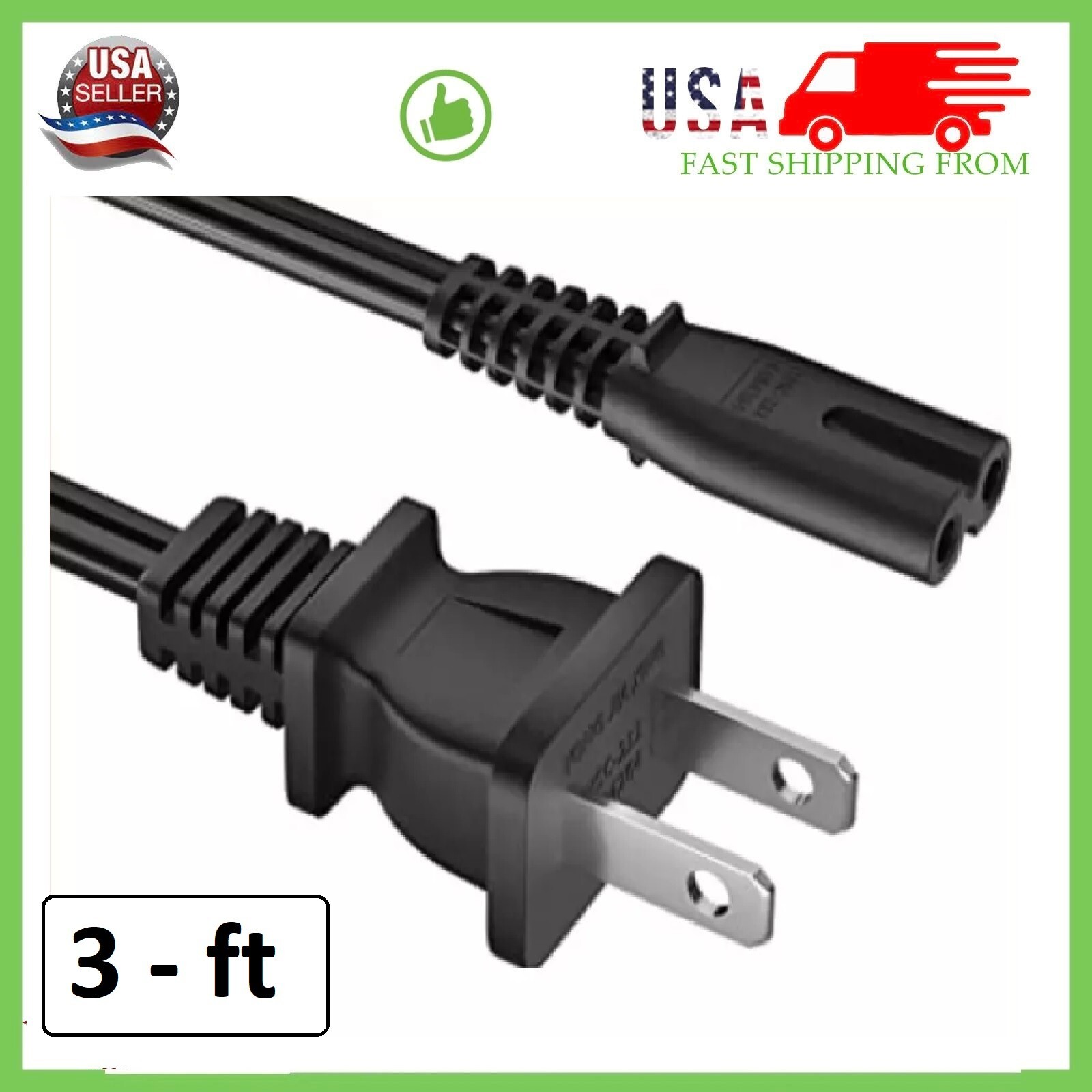 2-Pack AC Power Cord 2 Prong Cable 2-Slot Figure 8 for TV PS3 PS4 PS5 XBOX PC