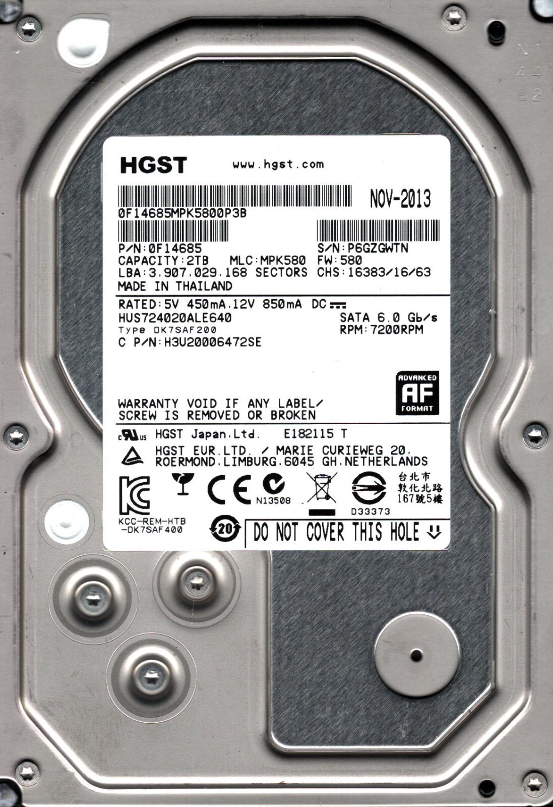 HUS724020ALE640 P/N: 0F14685 MLC: MPK580 THAILAND NOV 2013 HGST 2TB