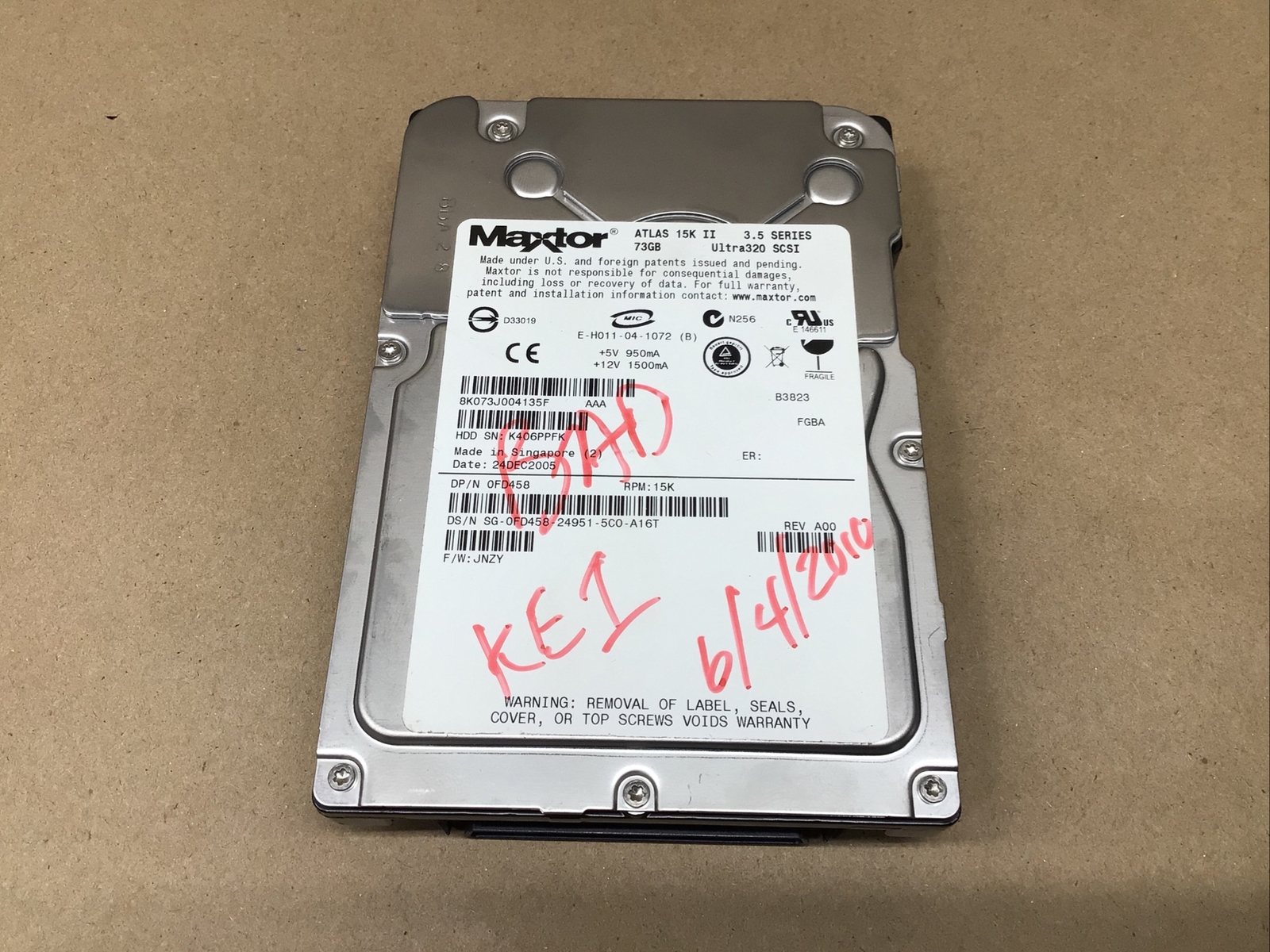 Dell OFD458 Maxtor 15K Atlas 73Gb Hard Drive #94A9