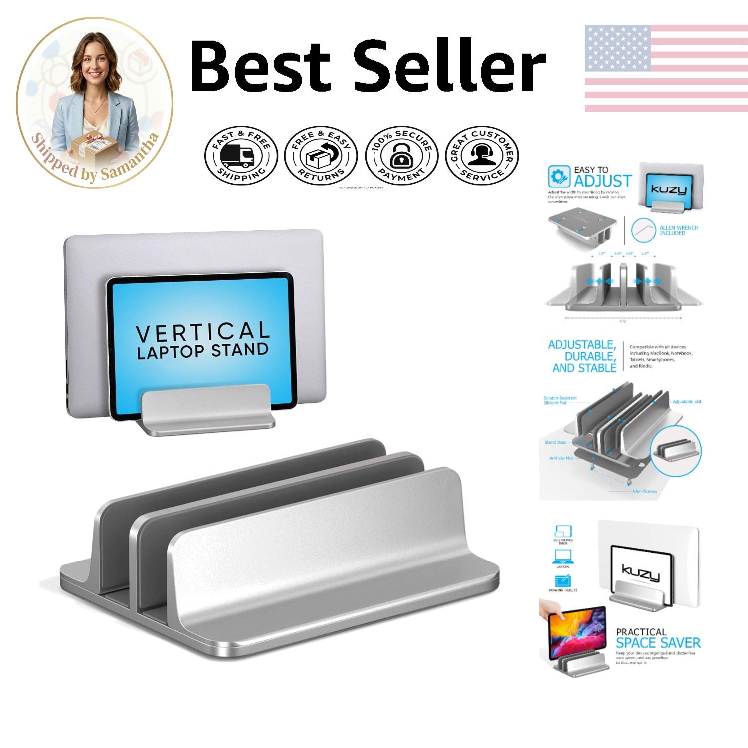Adjustable Aluminum Dual-Slot Laptop Stand - Secure and Stylish for Desk