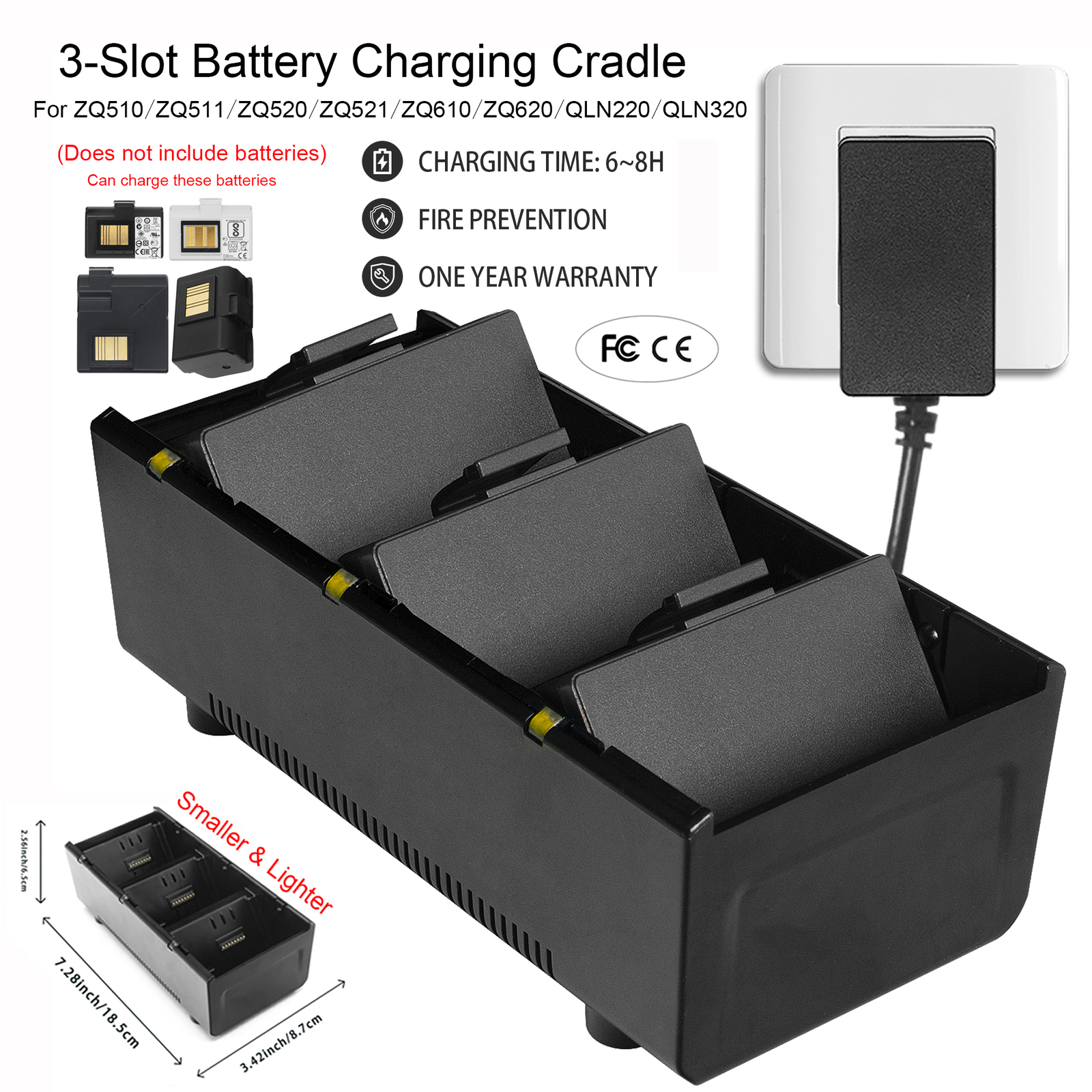 3-Slot Battery Charging Cradle + Adapter power supply for zebra ZQ510 ZQ520