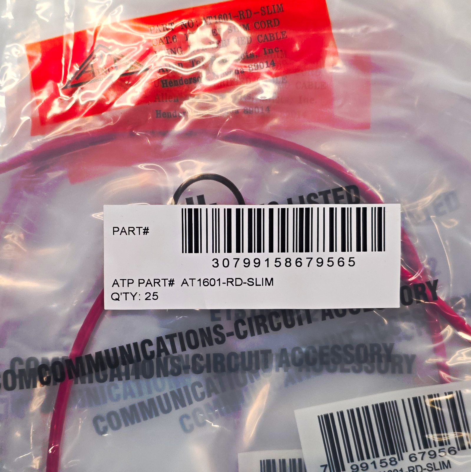 Allen Tel Products Cat6 1ft Red Ethernet Patch Cable RJ-45 RJ-45 AT1601 Qty-500