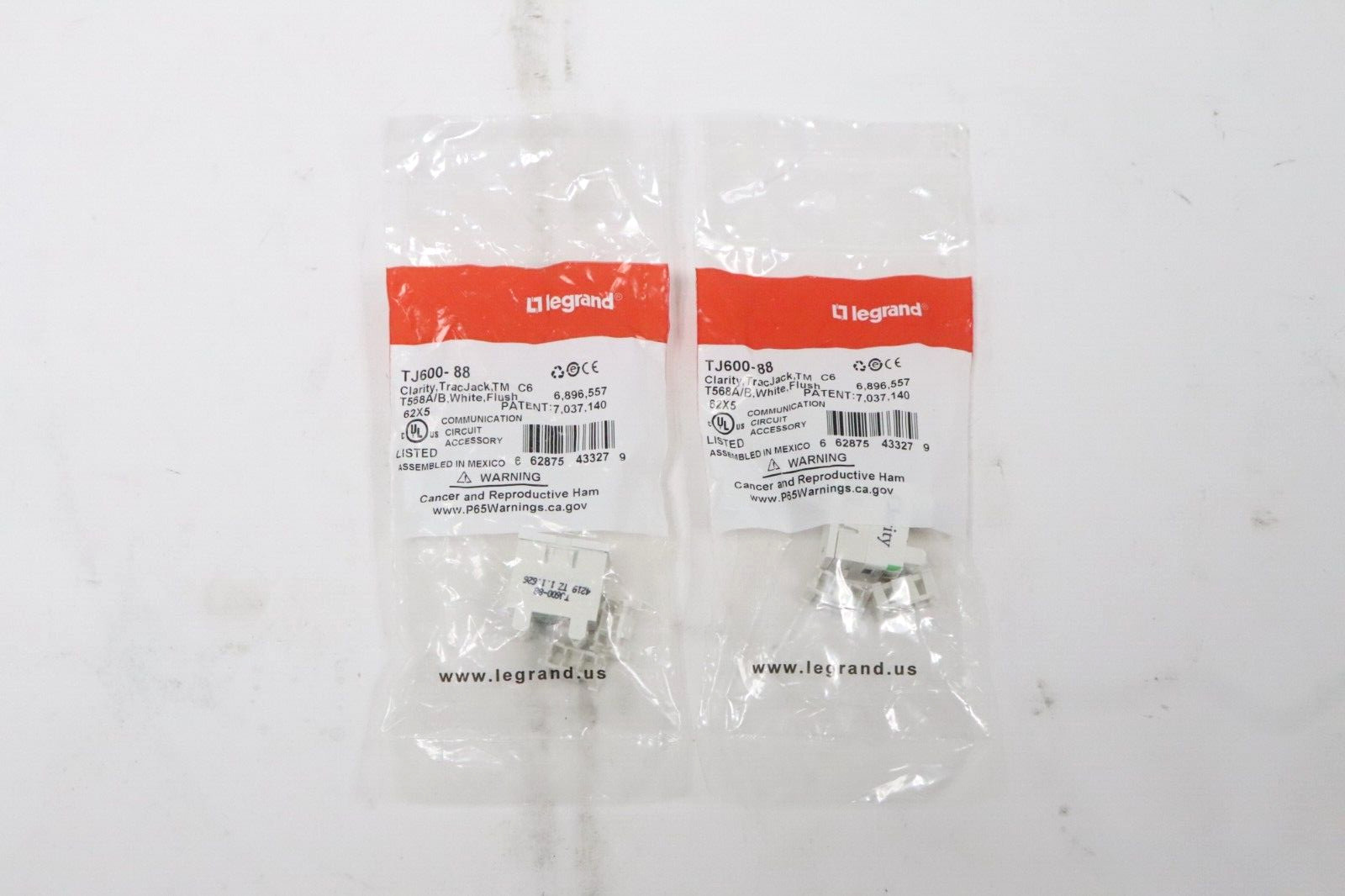 (LOT OF 2) Legrand TJ600-88 Clarity, TracJack, TM, T568A/B, White, Flush