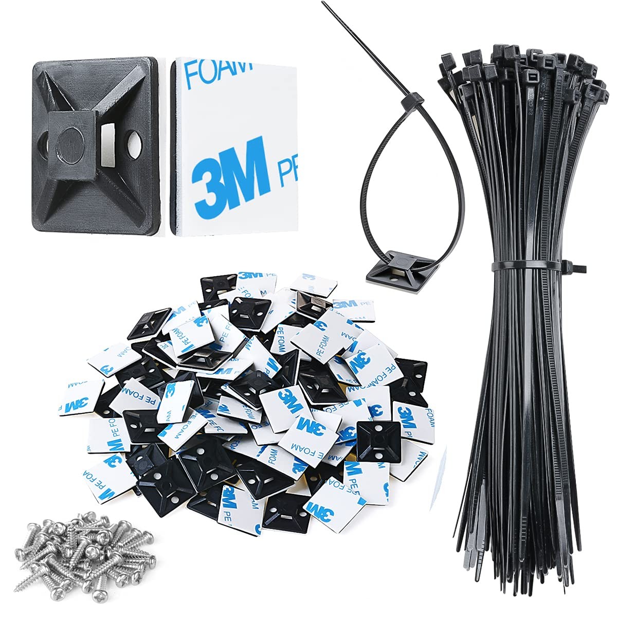 100x Black 3/4" Self Adhesive Cable Zip Tie Mounts w/ 8" Ties & Screws UV