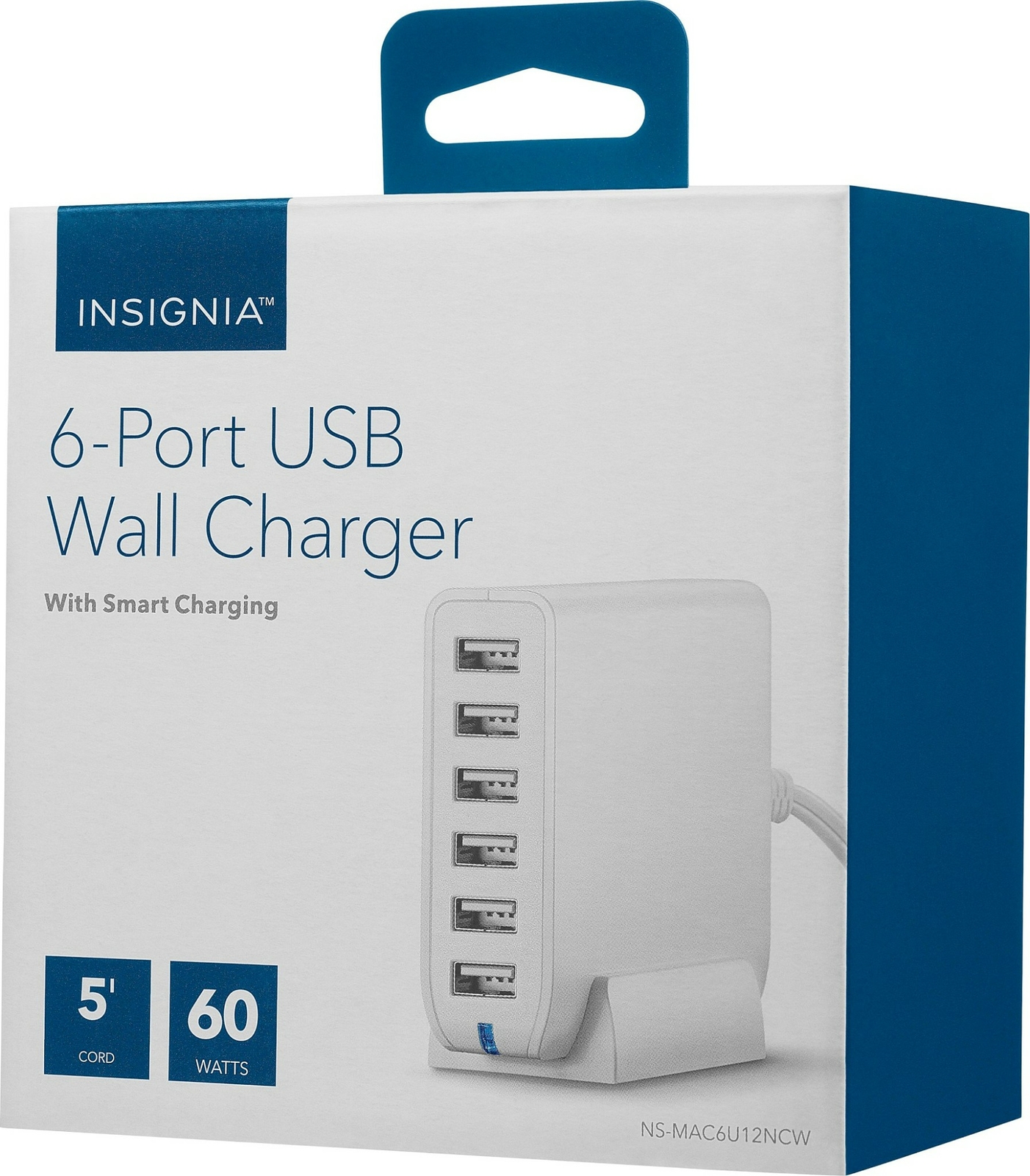 NEW INSIGNIA 60W 6-Port USB Wall Charger with Smart Charging WHITE