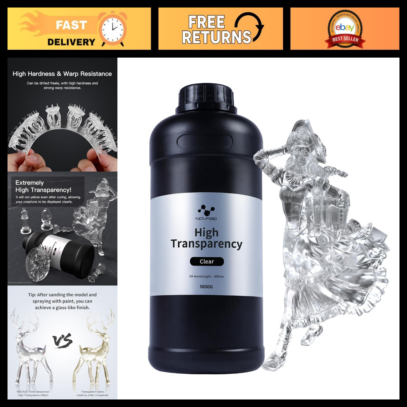 Crystal Clear 3D Printer Resin - Tough, Yellowing-Resistant, Low Odor, Fast-Curi
