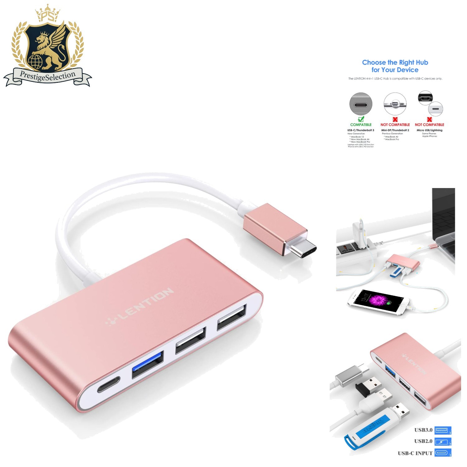 Stylish Rose Gold 4-in-1 USB-C Hub: Fast Charging and Data Transfer Excellence