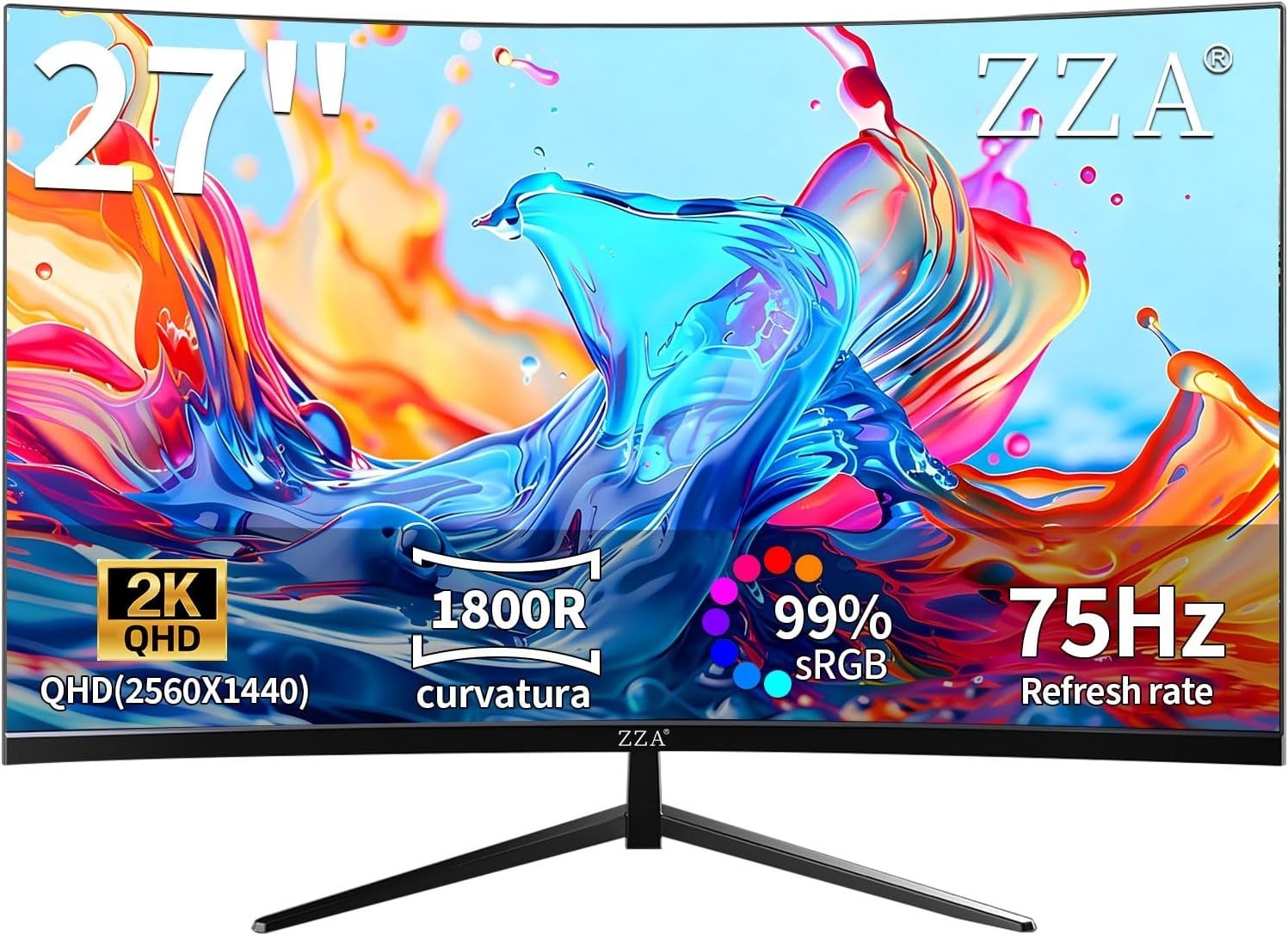 ZZA 27 Inch 2K QHD Curved PC Gaming Monitor 1440p 75Hz Display HDMI DP Tilt VESA