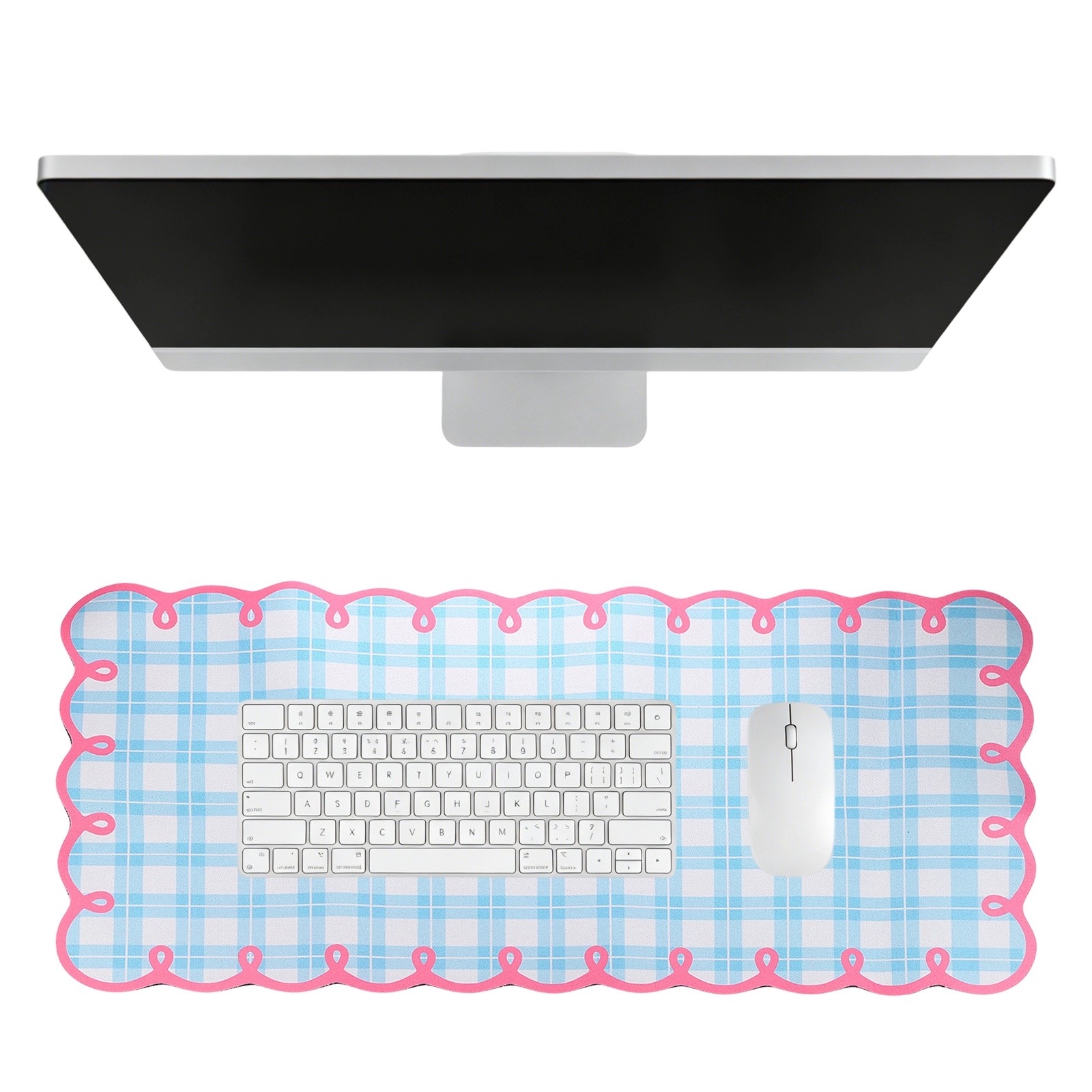 Scalloped Desk Mat, 35.4 x 15.7" Checkered Large Mouse Pad, Blue-Pink