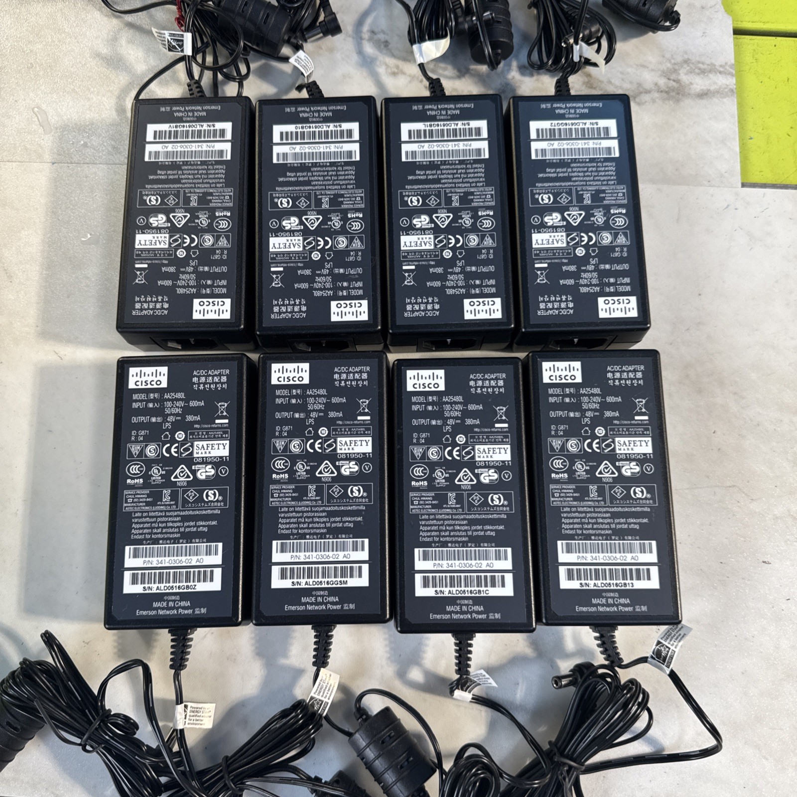 Lot Of 8 Pcs CISCO AC/DC Adapter AA25480L P/N 341-0306-02 A0 48v W/ Power Cord .