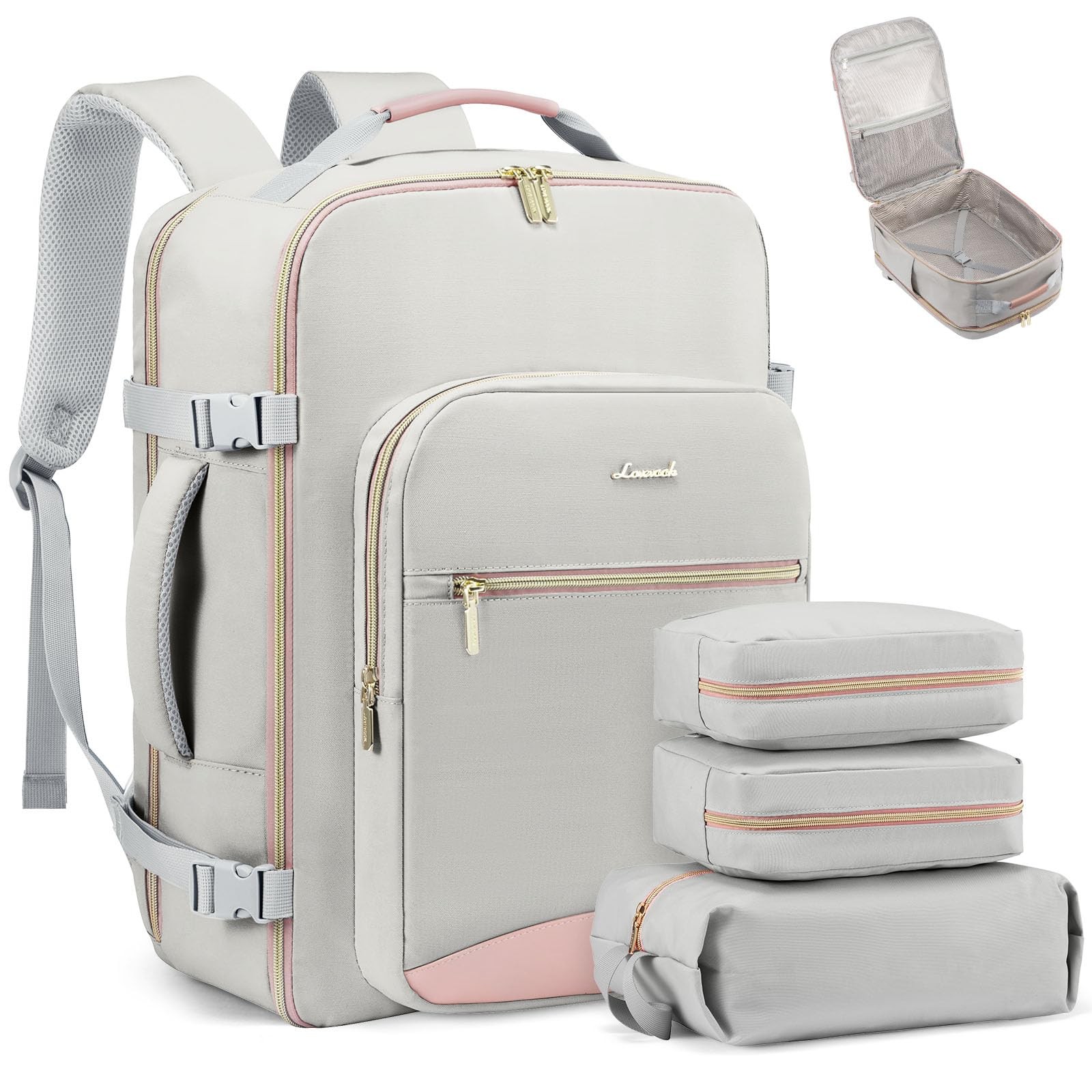 LOVEVOOK 40L Travel Backpack Large-40L-4Pcs(Standard), A-light Gray-pink