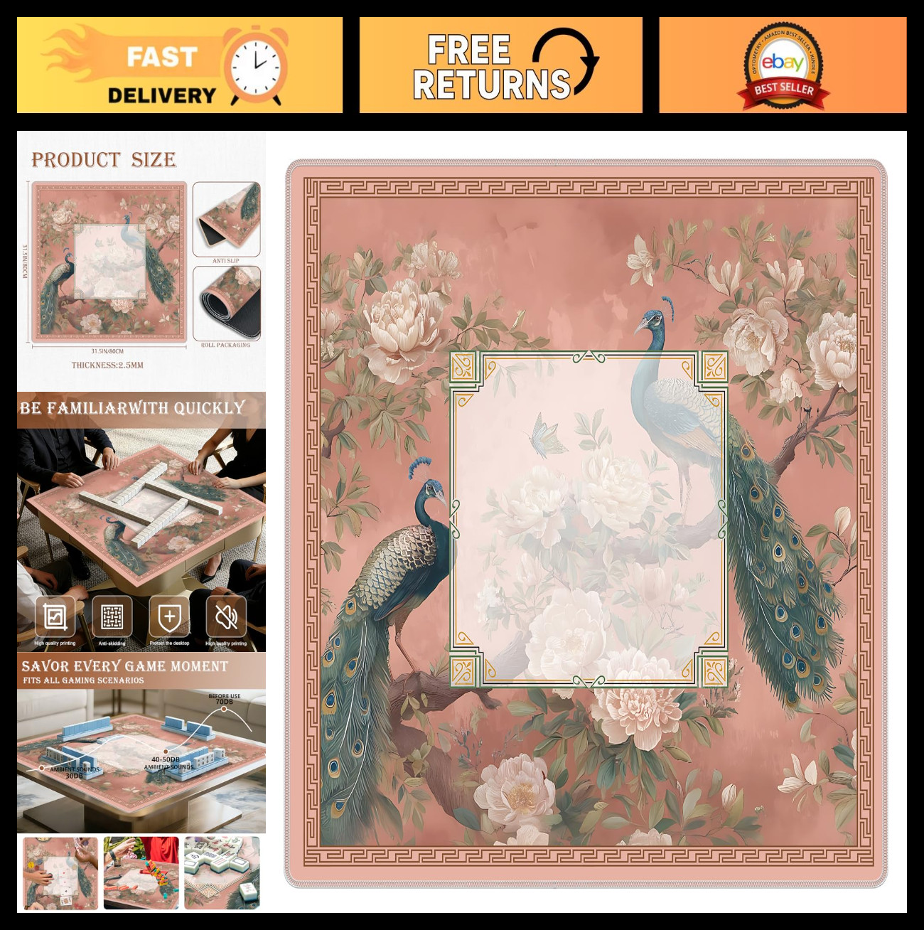 Floral Peacock Mahjong Mat - Non-Slip, Noise Reduction, 31.5" for Card & Board G