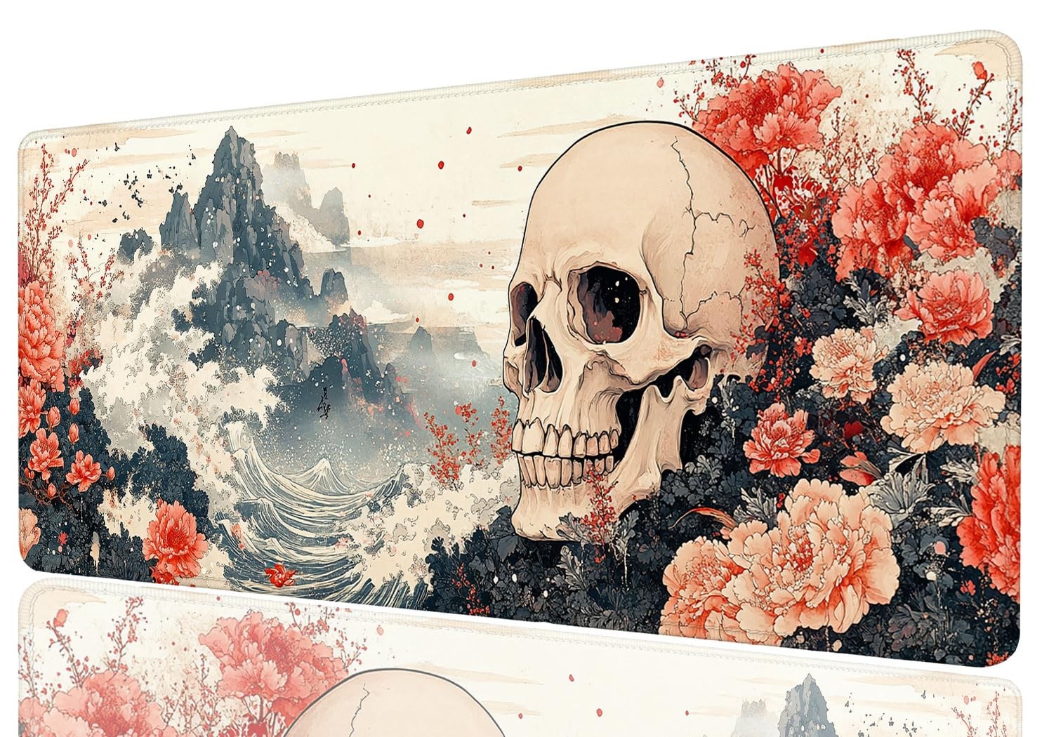 Skull Flower Desk Mat Gothic Red Peony Mousepad XL Gaming 31.5x11.8 Inch