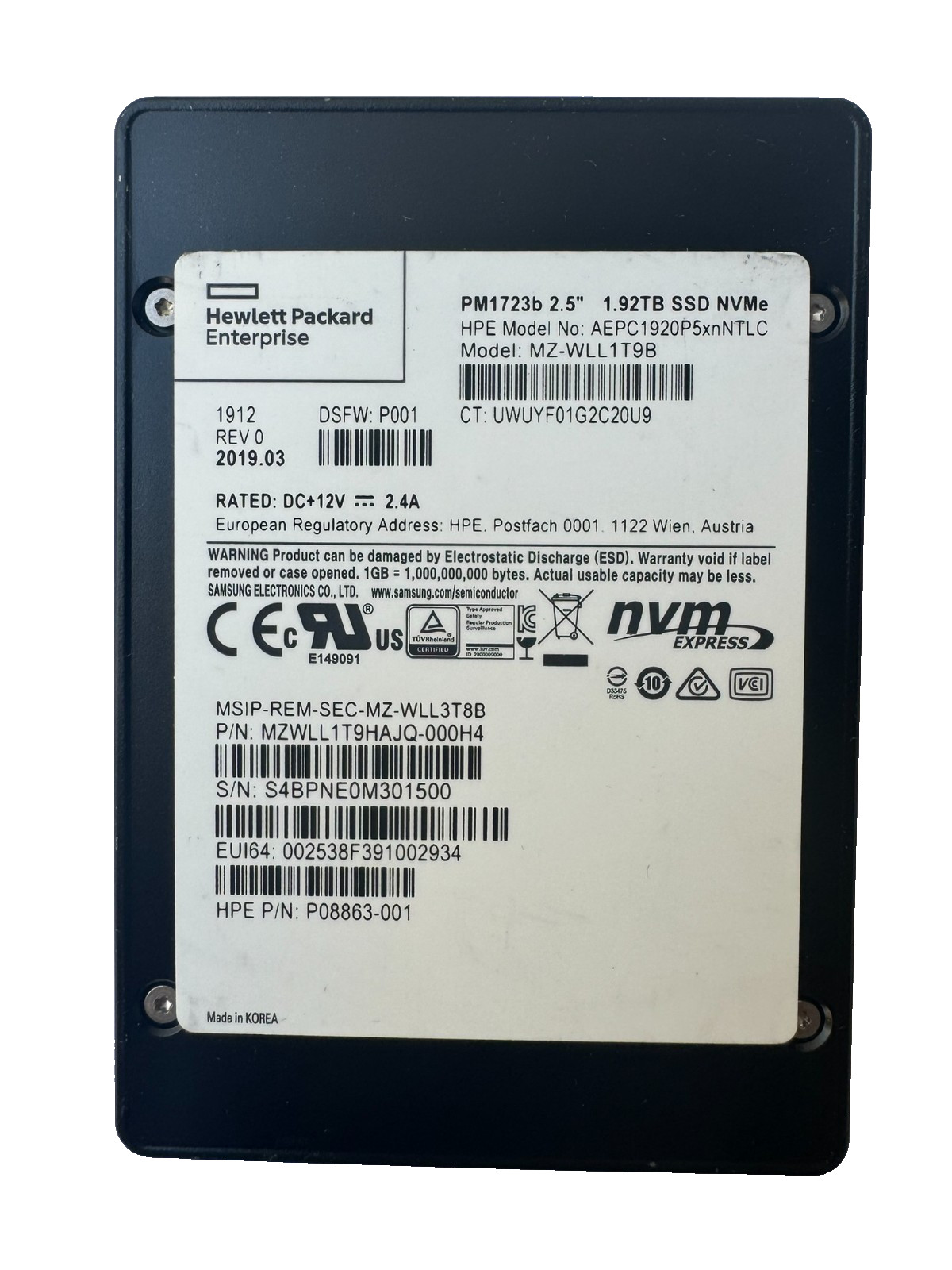 HPE SAMSUNG PM1723b 1.92TB 2.5" PCIe3.0 x4 NVMe U.2 SSD/Pls read description