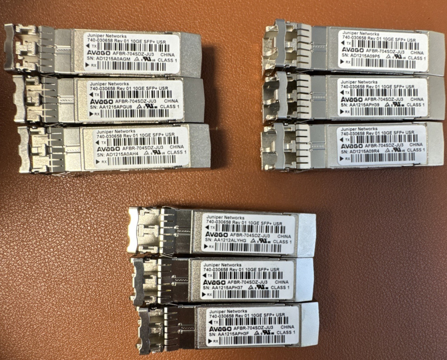 Lot of 9 Juniper 740-030658 10GbE SFP+ USR Avago AFBR-704SDZ-JU3