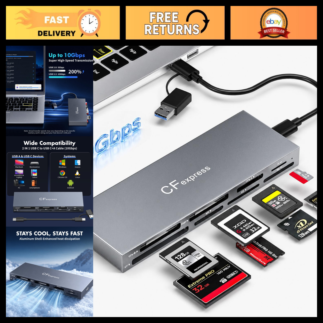 8-Slot USB 3.2 CFexpress Type B & A Card Reader, Multi-Slot Memory Adapter for W