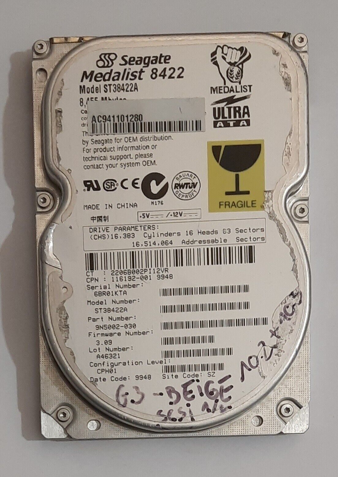 Seagate ST38422A IDE (Medalist 8422, 8.6GB, Retro, 1999) Hard Drive