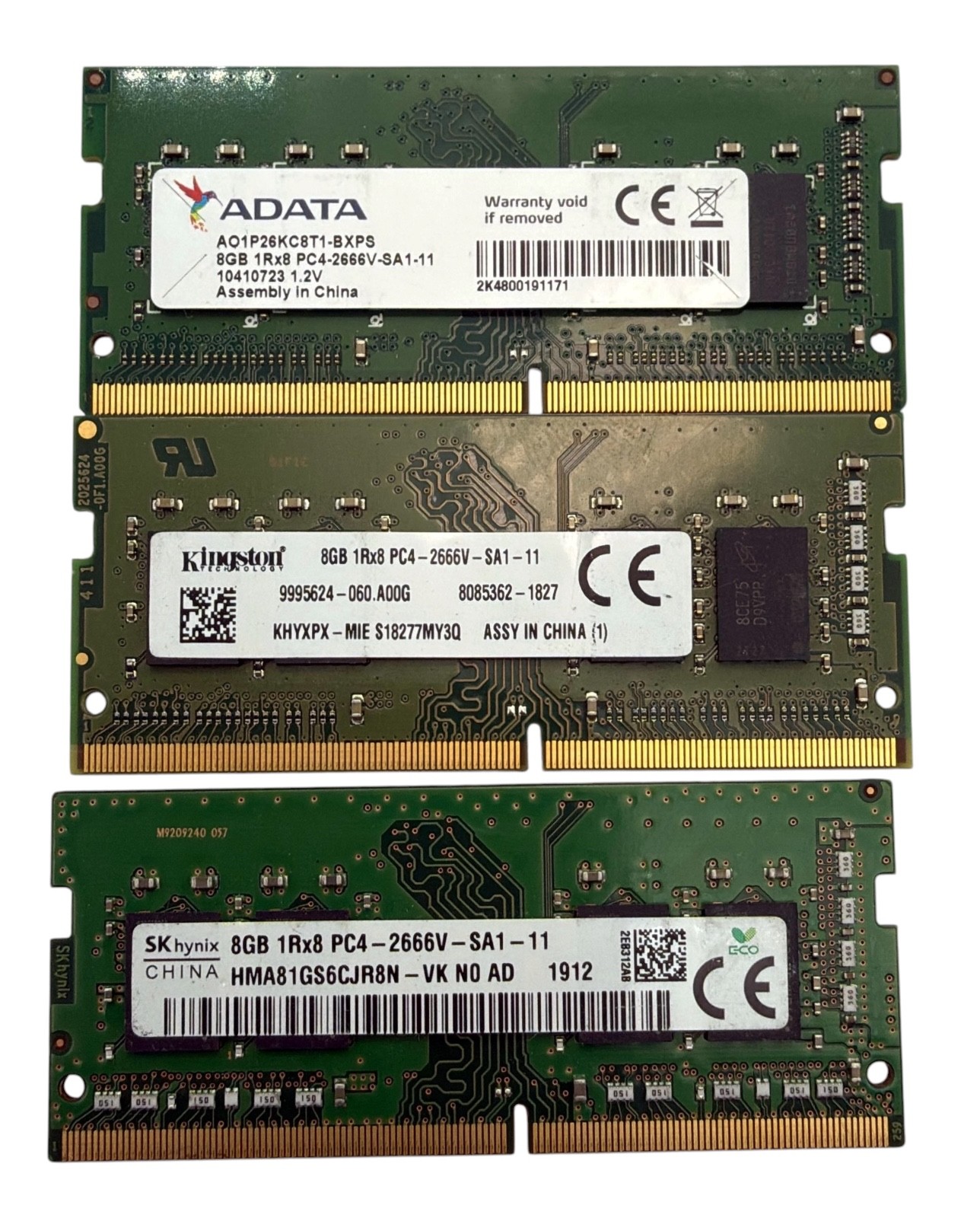 Lot of 3 Major Brand 24GB 3x8GB PC4-21300 DDR4-2666V SDRAM SODIMM Laptop Memory