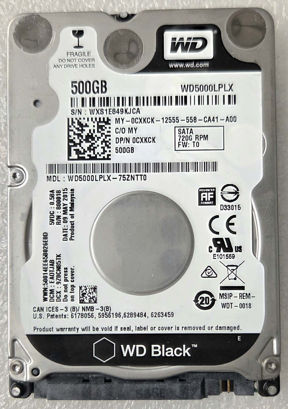 Dell WD Black WD5000LPLX 500GB 7200rpm 2.5" SATA HDD, CXKCK, Clean, Wiped out