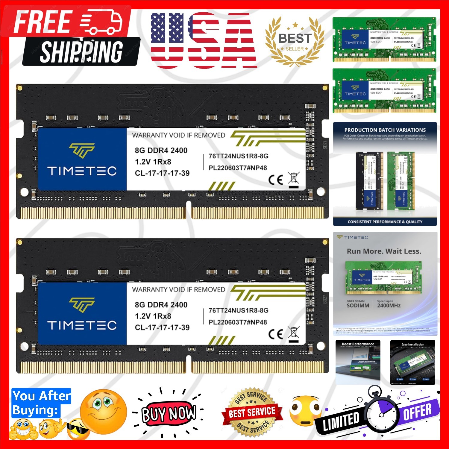 16GB KIT 2x8GB 2400MHz PC4-2400T PC4-19200 SODIMM Laptop RAM – 260-Pin 1.2V C...