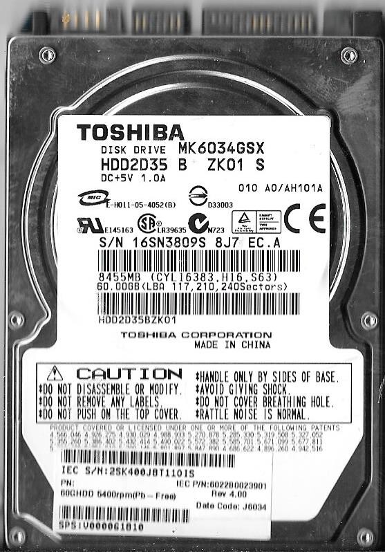 Toshiba MK6034GSX HDD2D35 B ZK01 S 60GB Sata Hard Drive