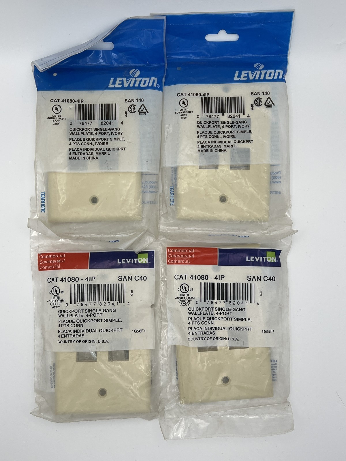 Lot of 4 - Leviton 41080-4IP QuickPort Single Gang 4-Port Wallplate Ivory NEW