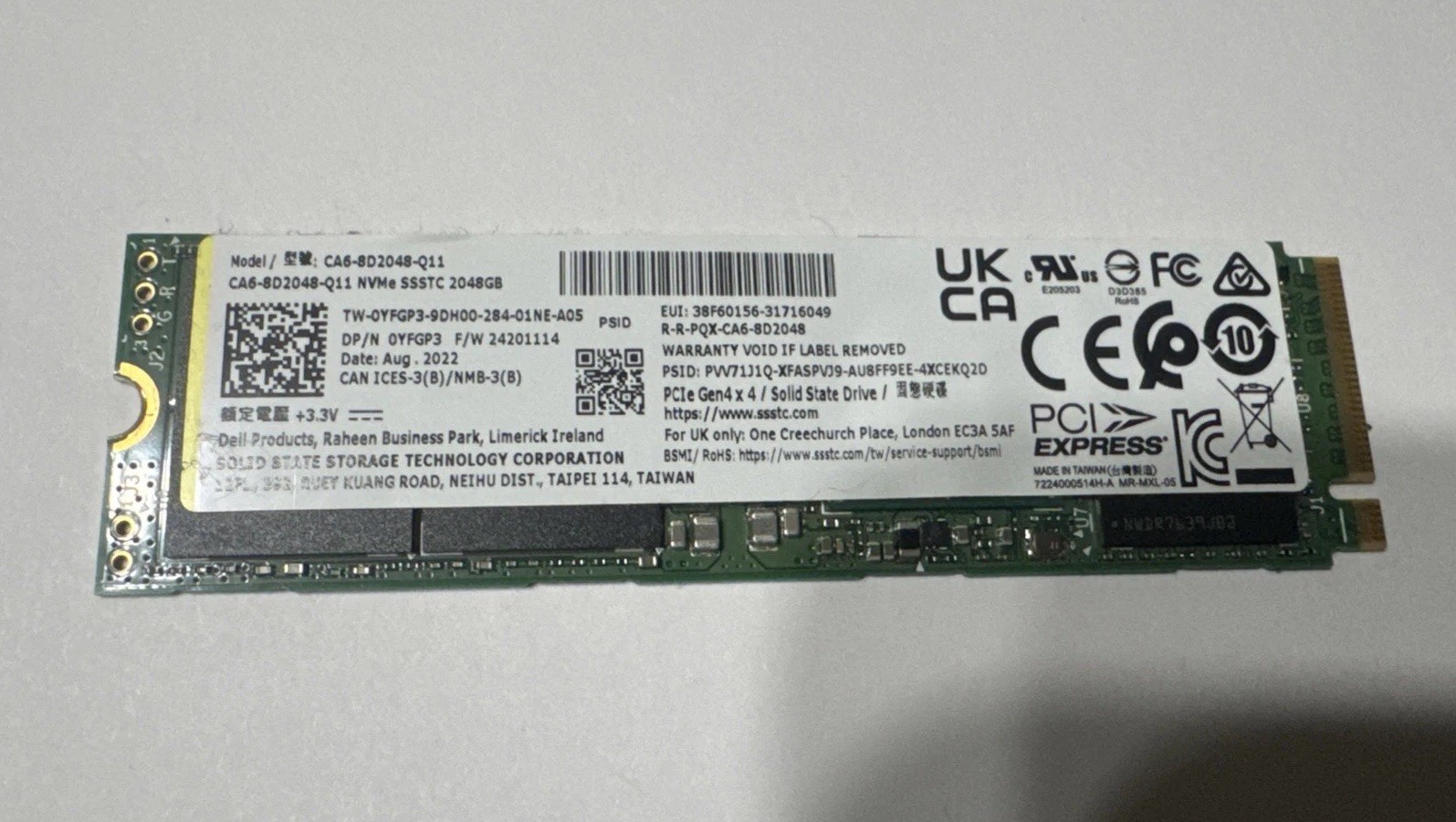 2TB Dell PCIe NVMe M.2 2280 Gen4 x 4 SSD CA6-8D2048-Q11-DELL YFGP3