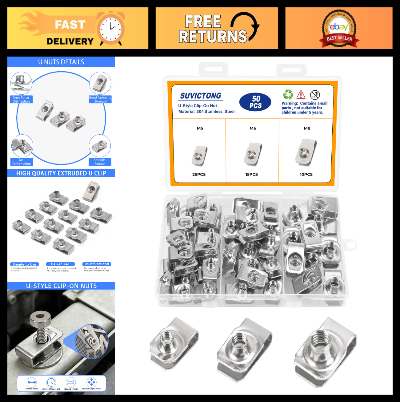 50pcs U-Style Clip-On Nuts, M5 M6 M8 Stainless Steel Fasteners, Regular Extruded