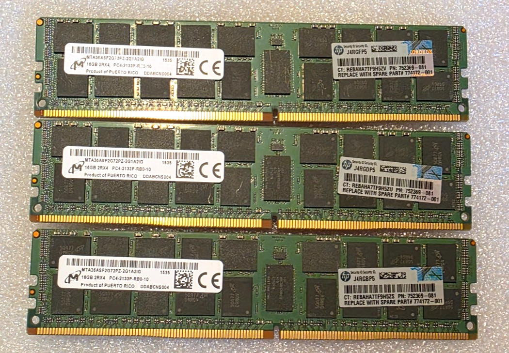 Lot of 3 X Micron 16GB 2Rx4 PC4-2133P-RB0 DDR4 MTA36ASF2G72PZ-2G3A2IG SERVER RAM