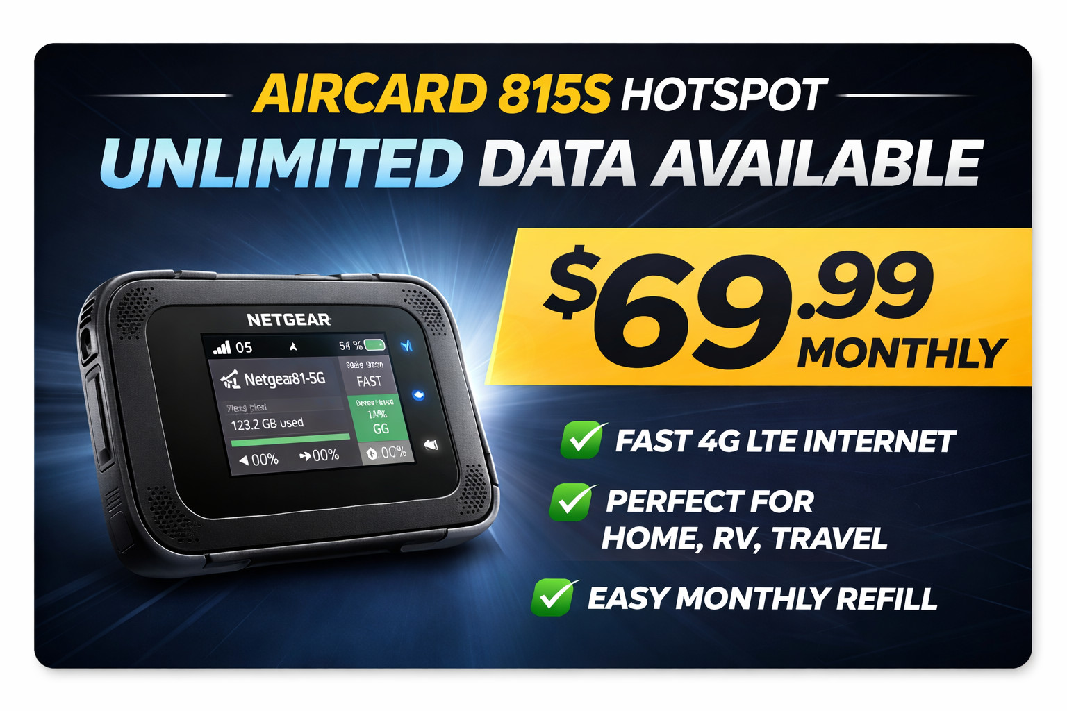 AT&T Unlimited Data Hotspot | Netgear 815S 4G LTE Mobile Hotspot| $69.99 / M