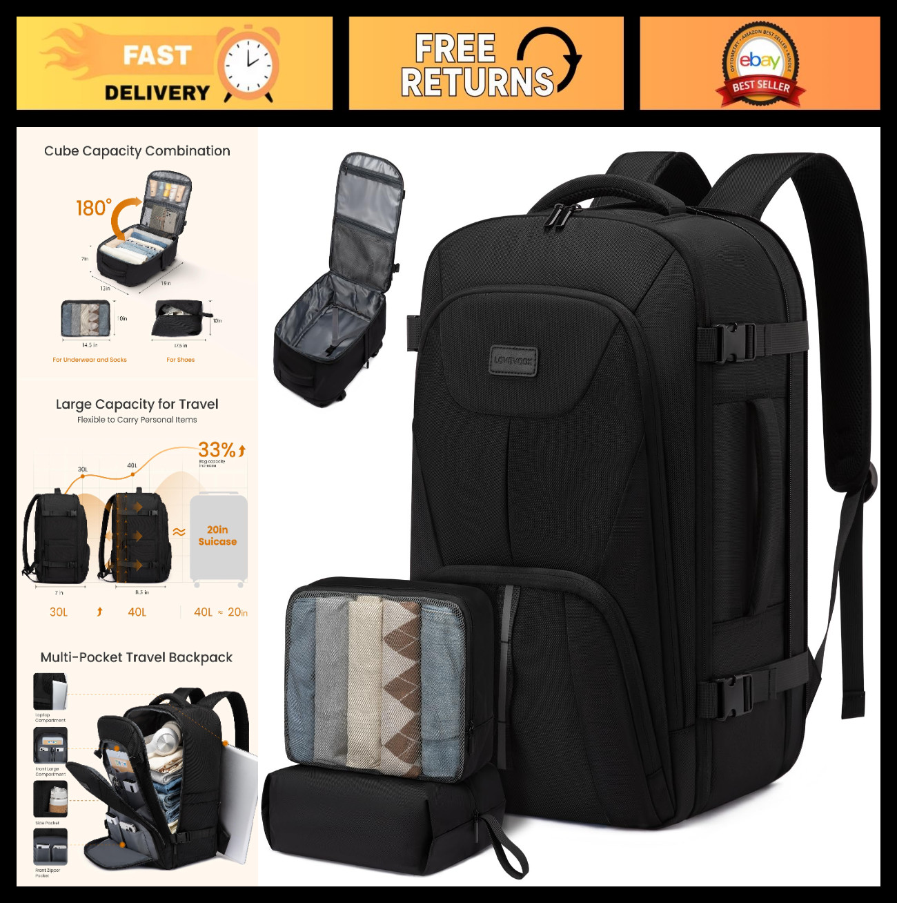Expandable 40L Travel Backpack for Men & Women, Water Resistant Laptop Bag, TSA